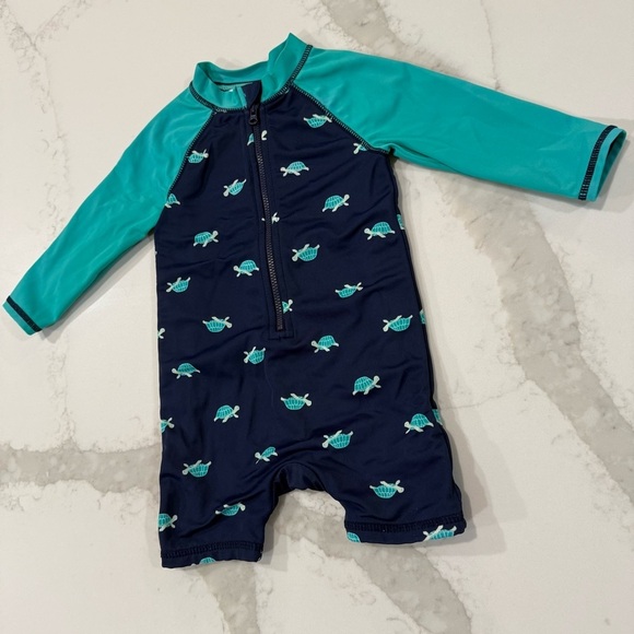 Janie and Jack Turtle Rashgaurd Swimsuit Baby Size 12 to 18 Months Navy/Teal - Picture 2 of 7